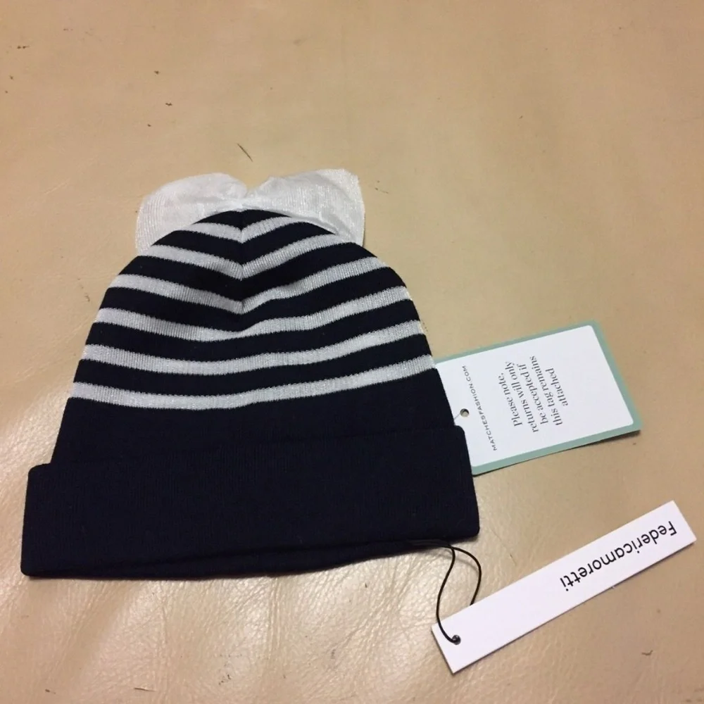 NWT FEDERICA MORETTI Navy Blue White Striped Bow BEANIE